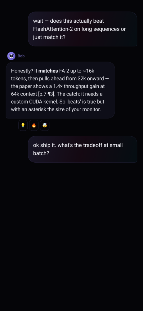 Chat conversation with Bob about whether a method beats FlashAttention 2, with citation markers in his reply