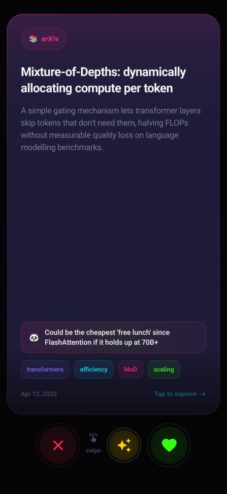 The main swipe view of Bob the Reader showing a paper card with skip, super swipe, and save buttons