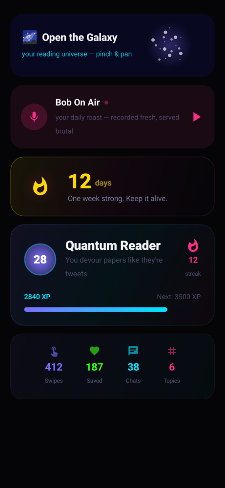 Profile dashboard showing streak, level, and activity stats